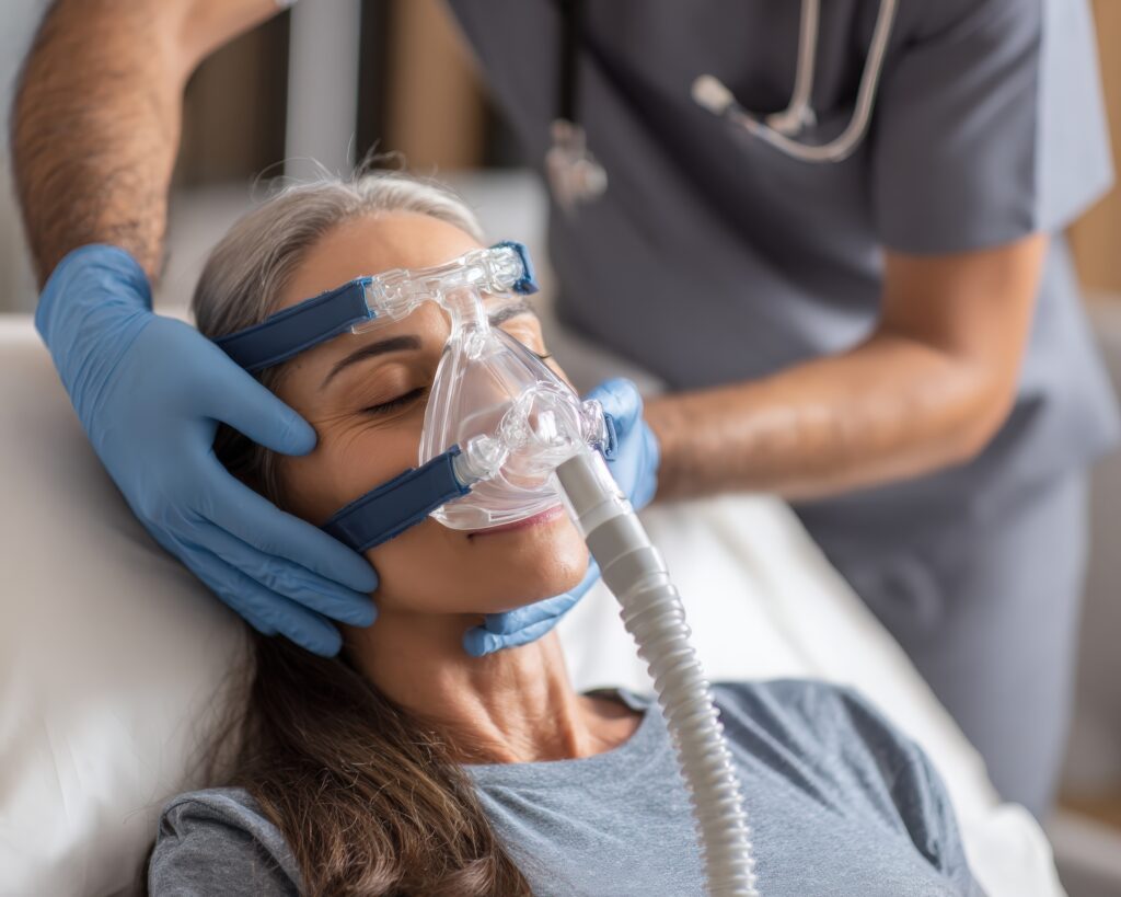 A female patient receives respiratory support from a medical professional.